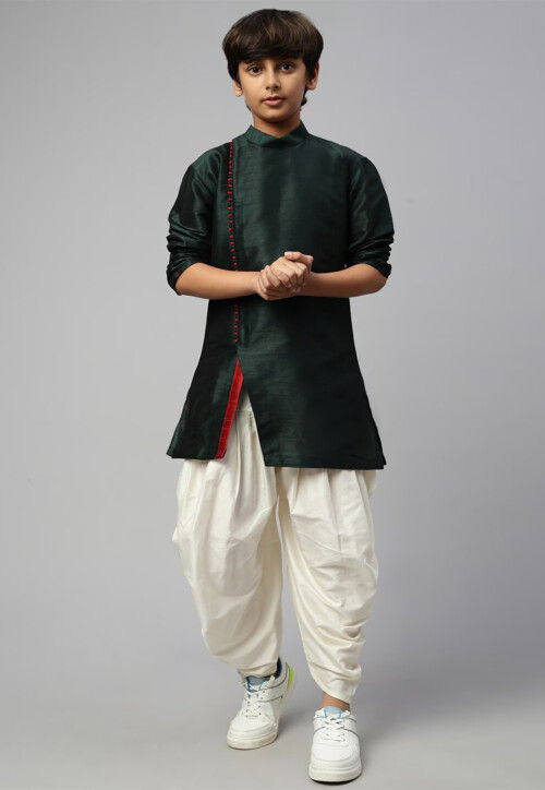 Solid Color Dupion Silk Kurta Dhoti Set in Dark Green