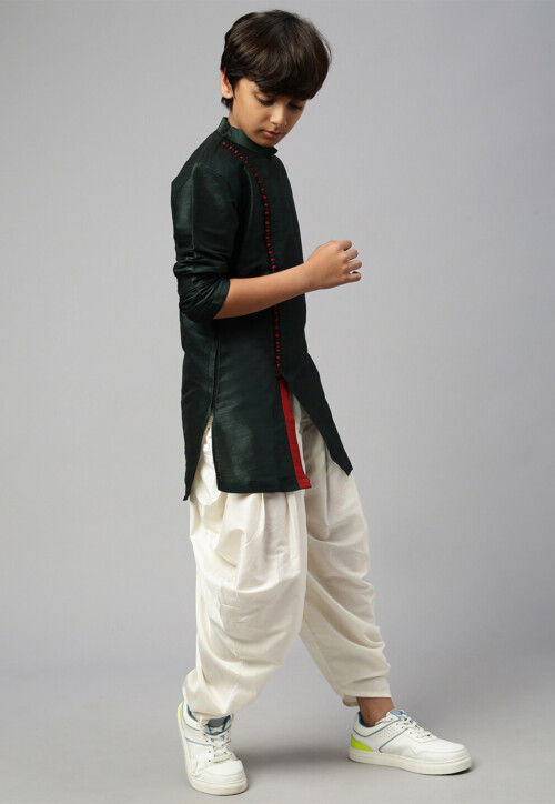 Solid Color Dupion Silk Kurta Dhoti Set in Dark Green