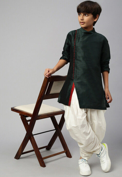 Solid Color Dupion Silk Kurta Dhoti Set in Dark Green