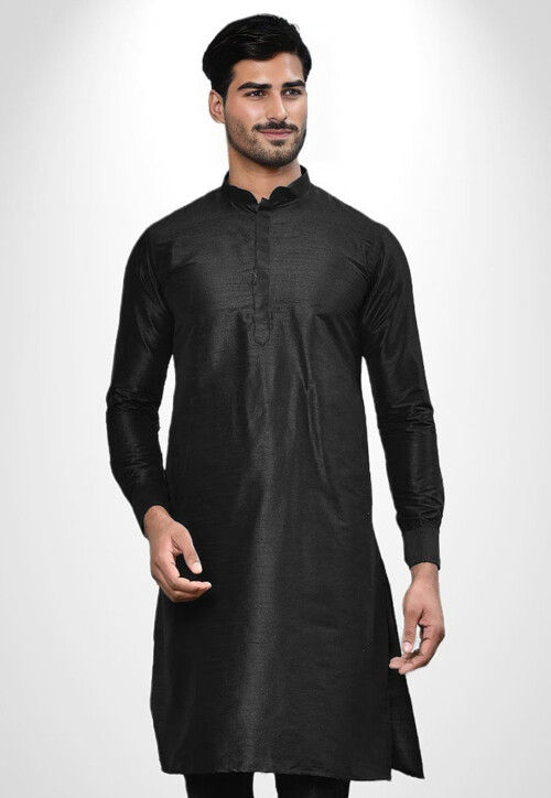 Solid Color Dupion Silk Kurta in Black