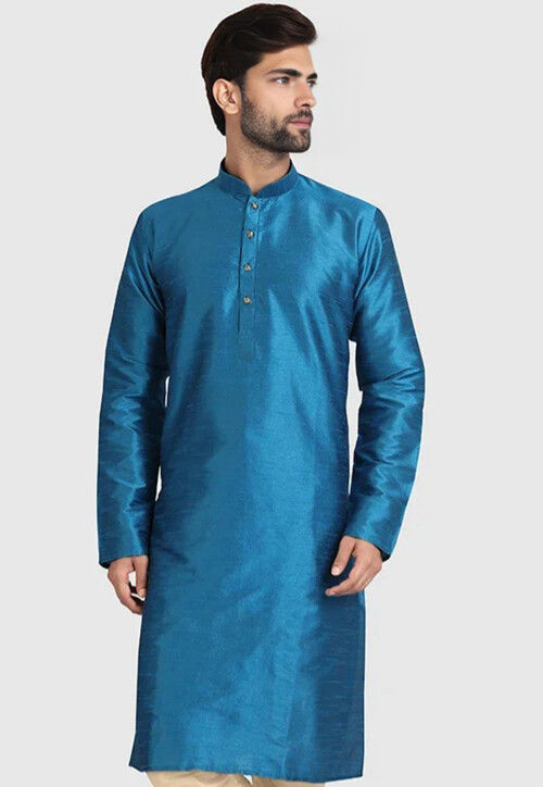 Solid Color Dupion Silk Kurta in Blue