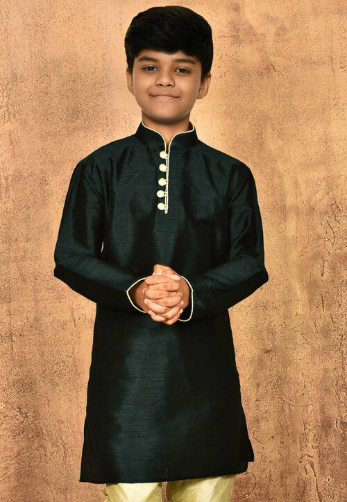 Solid Color Dupion Silk Kurta in Dark Green