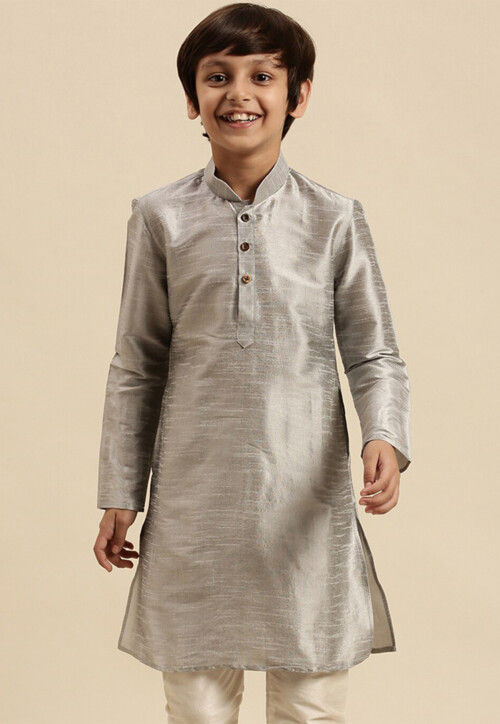 Solid Color Dupion Silk Kurta in Light Grey