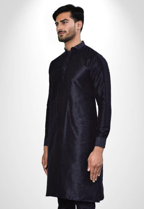 Solid Color Dupion Silk Kurta in Navy Blue