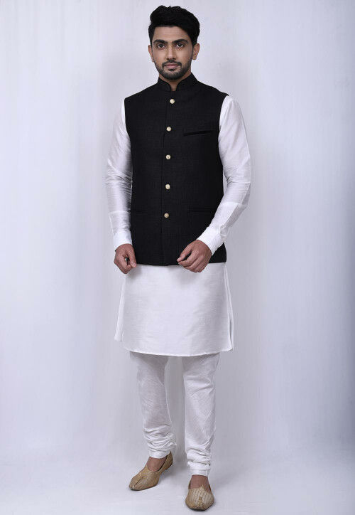 Solid Color Dupion Silk Kurta Jacket Set in White and Black : MTX1718
