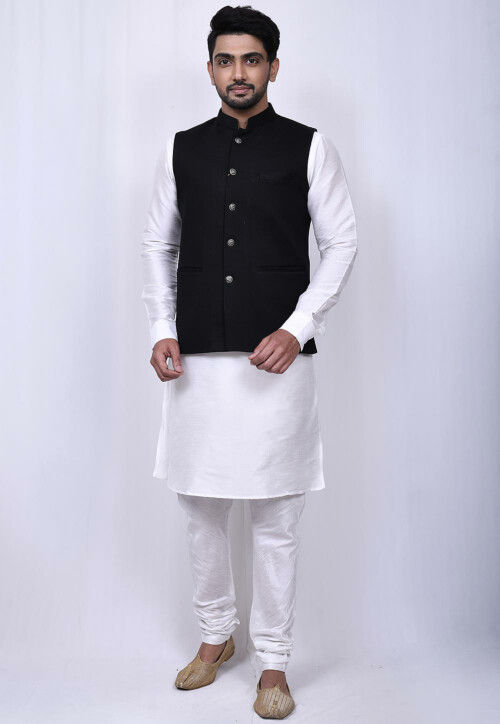 Solid Color Dupion Silk Kurta Jacket Set in White and Black