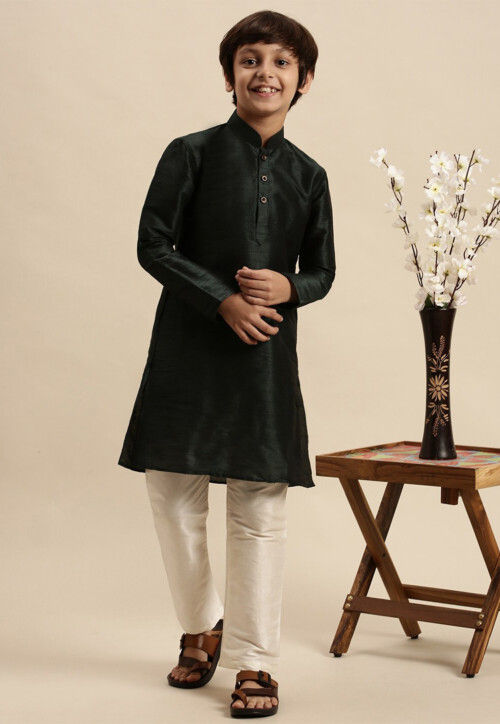 Solid Color Dupion Silk Kurta Pyjama Set in Black