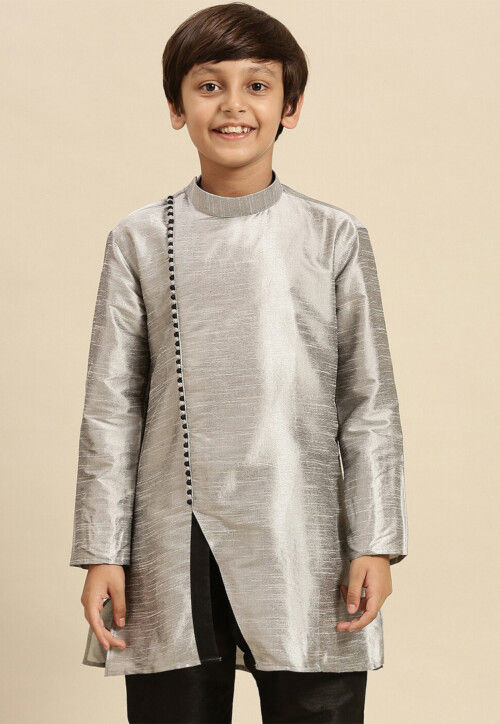 Solid Color Dupion Silk Kurta Pyjama Set in Grey