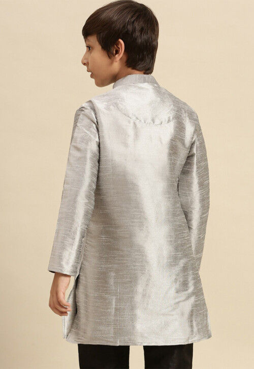 Solid Color Dupion Silk Kurta Pyjama Set in Grey