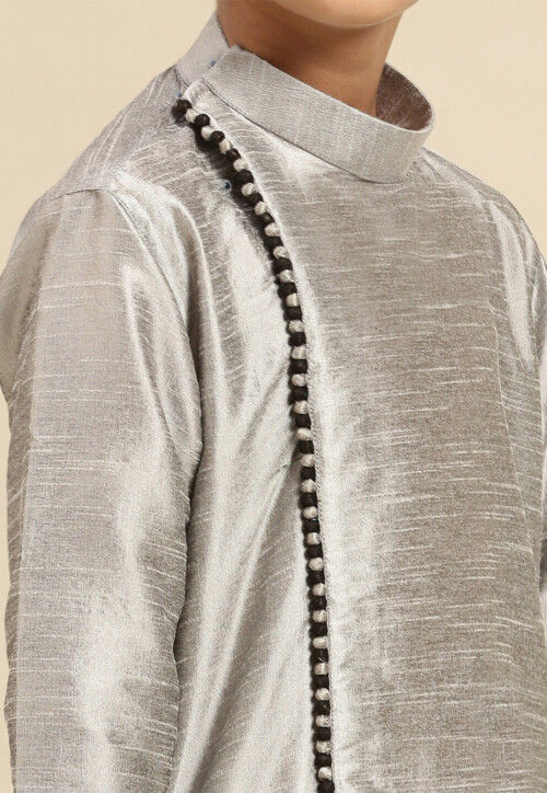 Solid Color Dupion Silk Kurta Pyjama Set in Grey