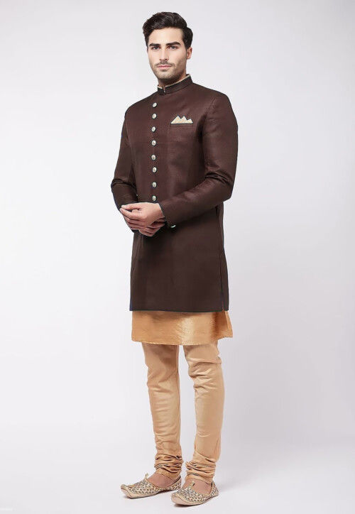 Solid Color Dupion Silk Kurta Set in Beige and Dark Brown