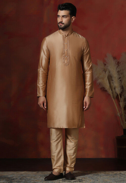 Embroidered Collar Dupion Silk Kurta Set in Beige