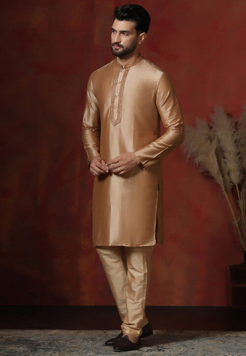 Embroidered Collar Dupion Silk Kurta Set in Beige