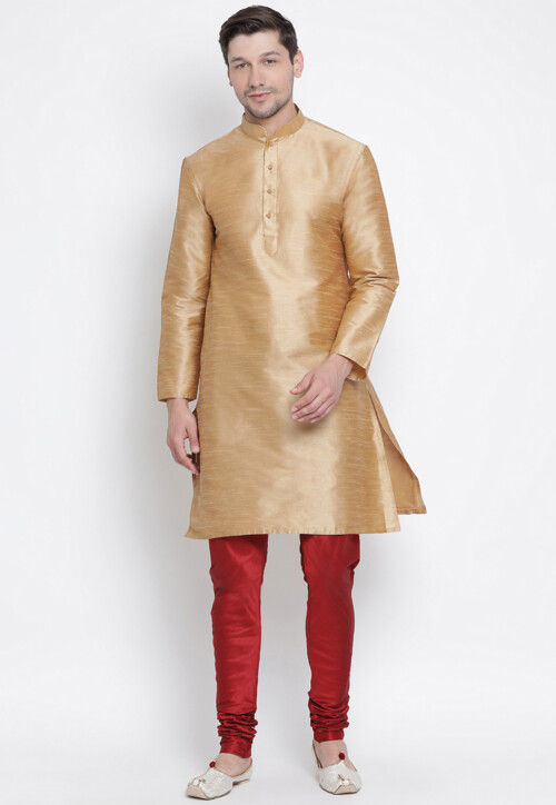 Solid Color Dupion Silk Kurta Set in Beige