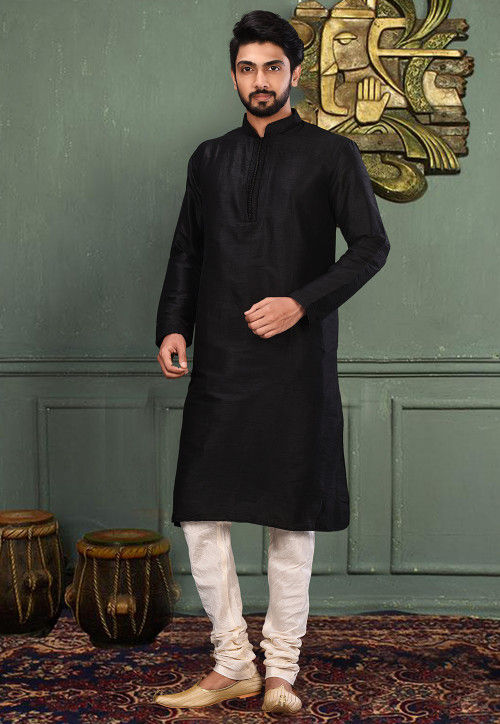 Solid Color Dupion Silk Kurta Set in Black : MLC40