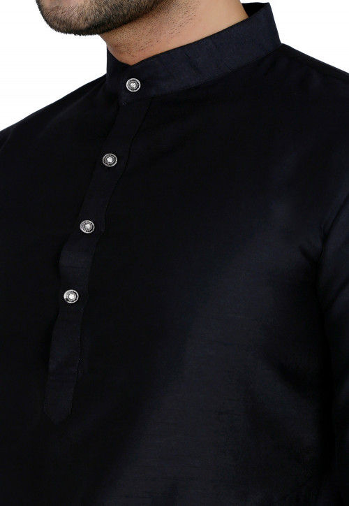 Solid Color Dupion Silk Kurta Set in Black : MXH367