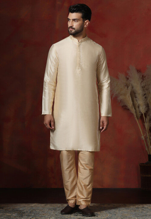 Solid Color Dupion Silk Kurta Set in Cream