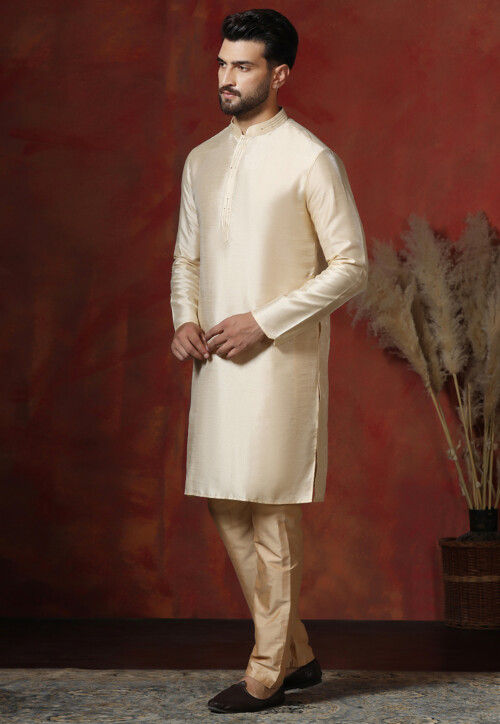Solid Color Dupion Silk Kurta Set in Cream