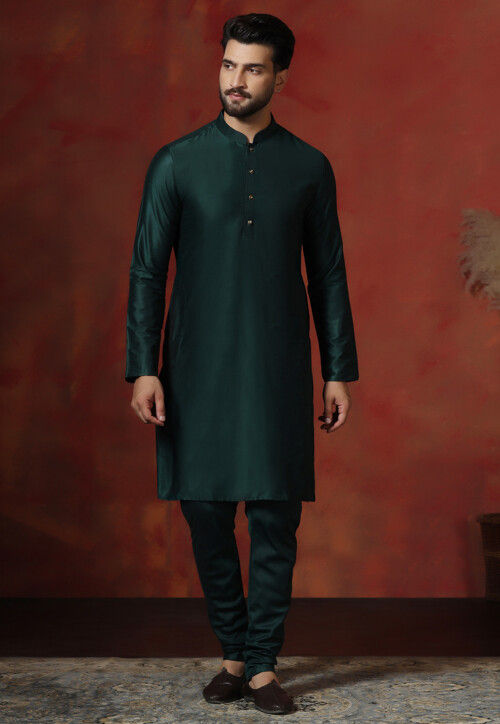 Solid Color Dupion Silk Kurta Set in Dark Green