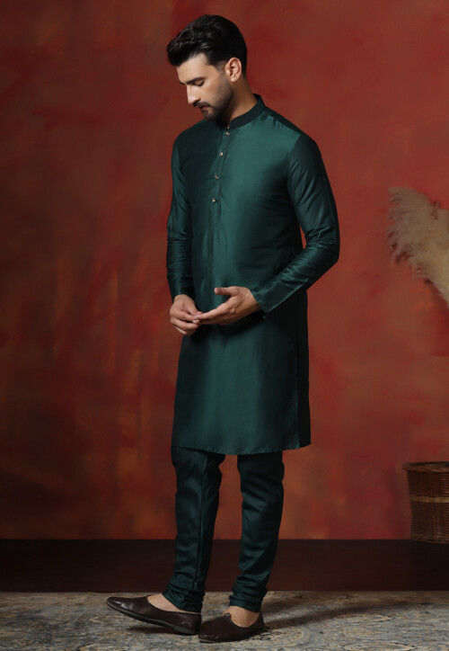 Solid Color Dupion Silk Kurta Set in Dark Green