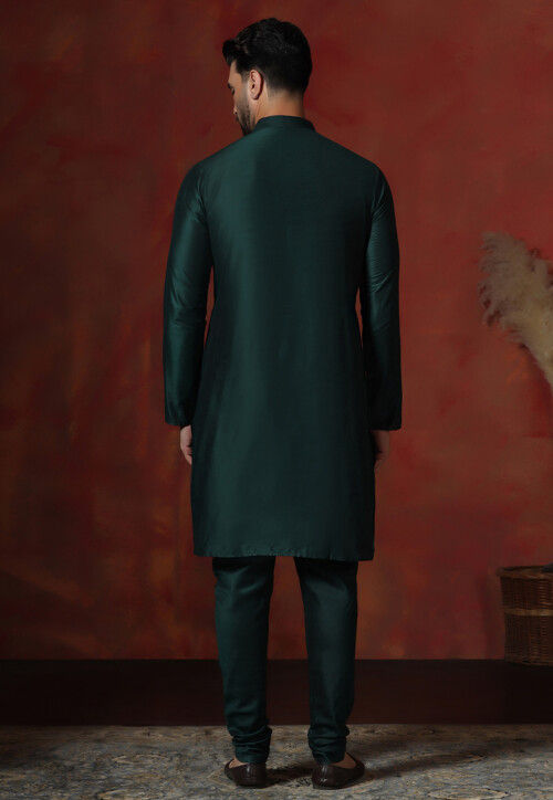 Solid Color Dupion Silk Kurta Set in Dark Green