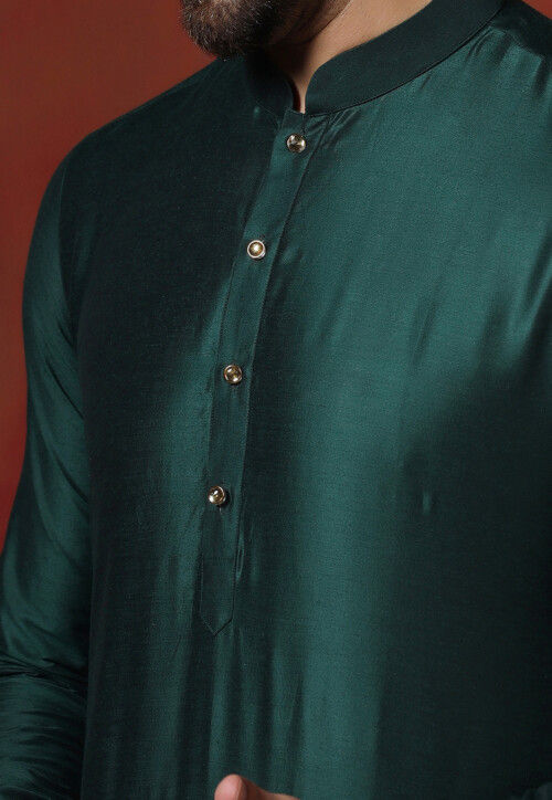 Solid Color Dupion Silk Kurta Set in Dark Green