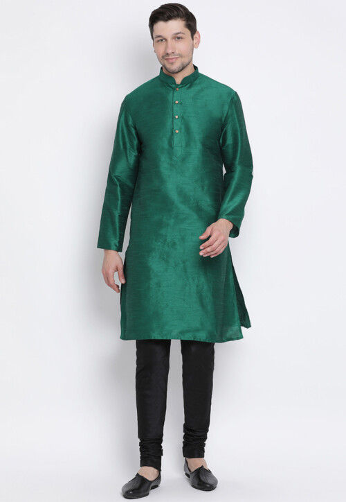 Solid Color Dupion Silk Kurta Set in Dark Green