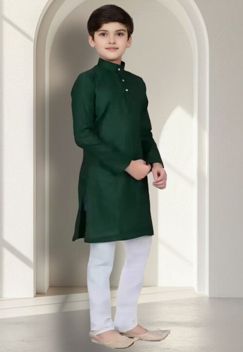 Solid Color Dupion Silk Kurta Set in Dark Green