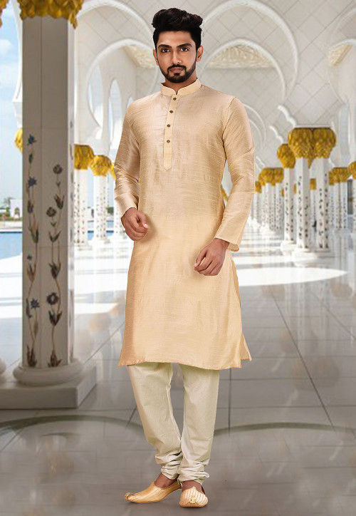 Solid Color Dupion Silk Kurta Set in Light Beige and White