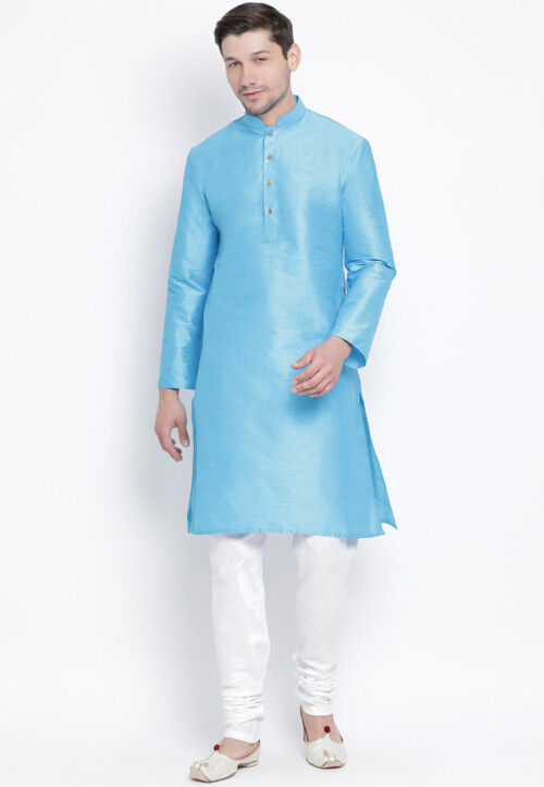 Solid Color Dupion Silk Kurta Set in Light Blue
