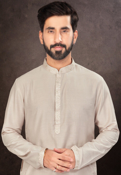 Solid Color Dupion Silk Kurta Set in Light Grey
