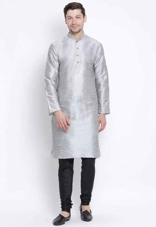 Solid Color Dupion Silk Kurta Set in Light Grey