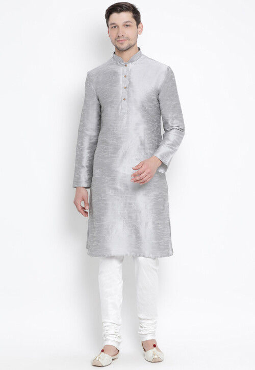Solid Color Dupion Silk Kurta Set in Light Grey