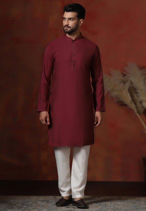 Solid Color Dupion Silk Kurta Set in Maroon