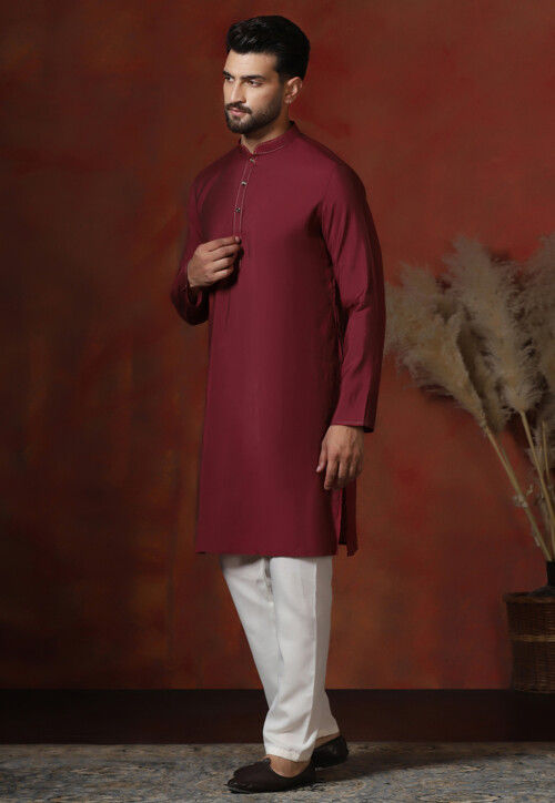 Solid Color Dupion Silk Kurta Set in Maroon