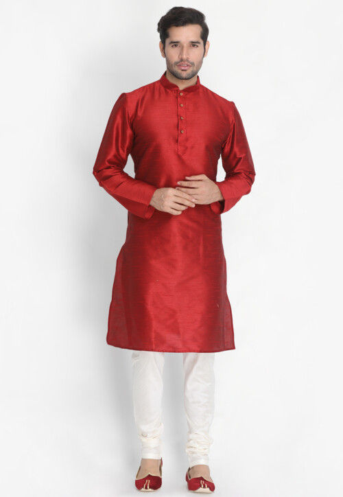 Solid Color Dupion Silk Kurta Set in Maroon