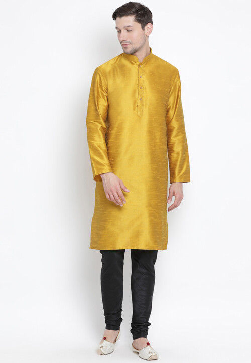 Solid Color Dupion Silk Kurta Set in Mustard