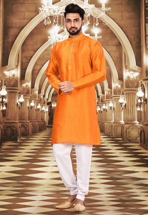 Solid Color Dupion Silk Kurta Set in Mustard