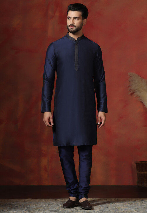 Embroidered Collar Dupion Silk Kurta Set in Navy Blue