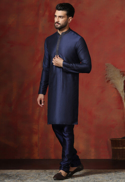 Embroidered Collar Dupion Silk Kurta Set in Navy Blue