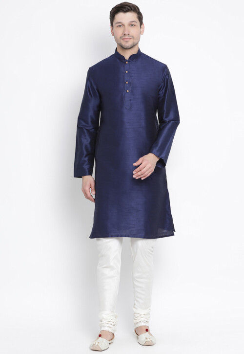 Solid Color Dupion Silk Kurta Set in Navy Blue