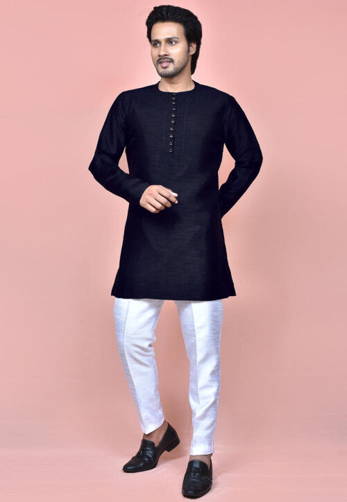 Solid Color Dupion Silk Kurta Set in Navy Blue