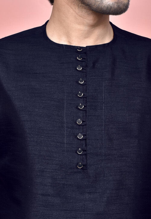 Solid Color Dupion Silk Kurta Set in Navy Blue