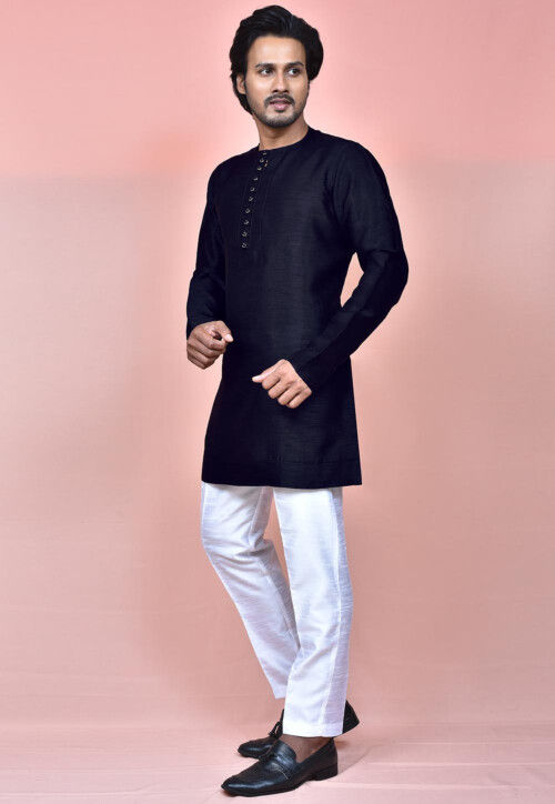 Solid Color Dupion Silk Kurta Set in Navy Blue
