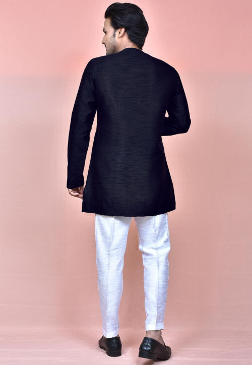 Solid Color Dupion Silk Kurta Set in Navy Blue