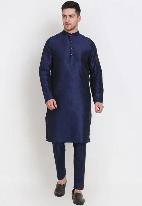 Solid Color Dupion Silk Kurta Set in Navy Blue