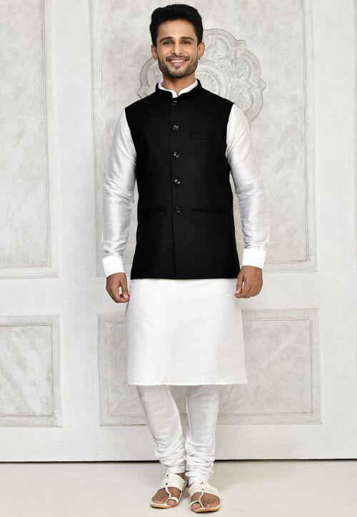 Solid Color Dupion Silk Kurta Set in Off White and Black