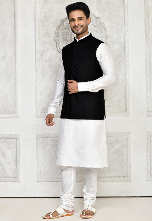 Solid Color Dupion Silk Kurta Set in Off White and Black