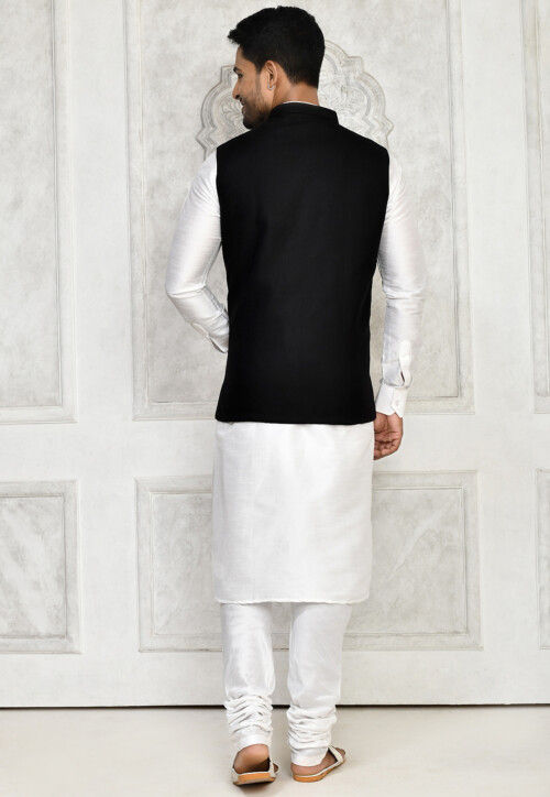 Solid Color Dupion Silk Kurta Set in Off White and Black