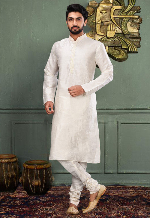 Solid Color Dupion Silk Kurta Set in Off White